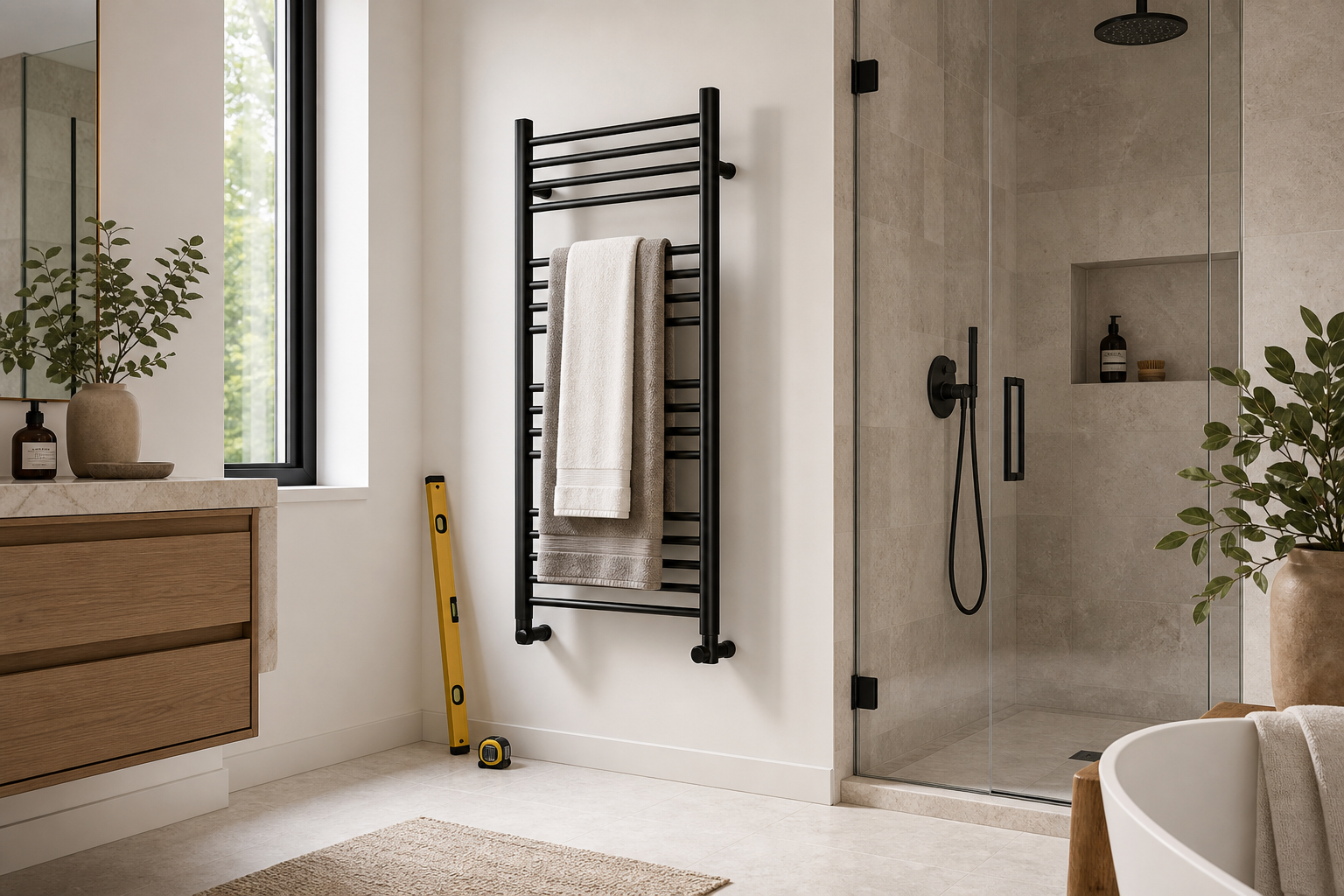 heated towel rack installation height in a modern bathroom