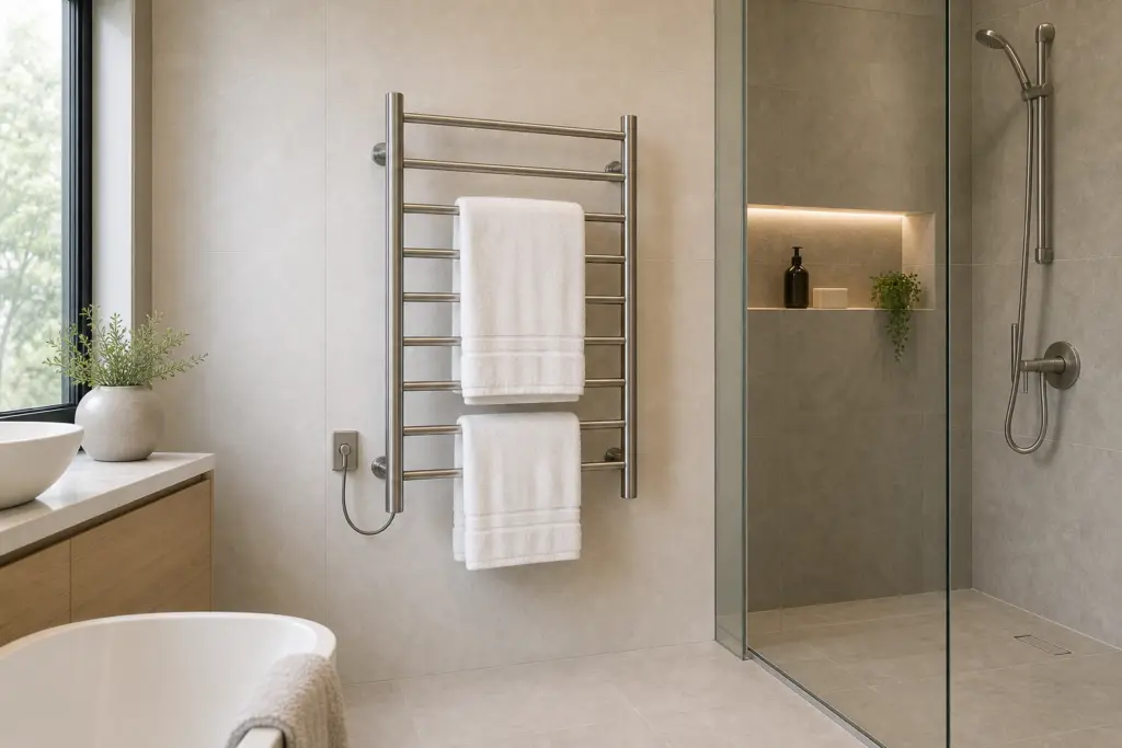 heated towel rack IP rating bathroom placement near a shower
