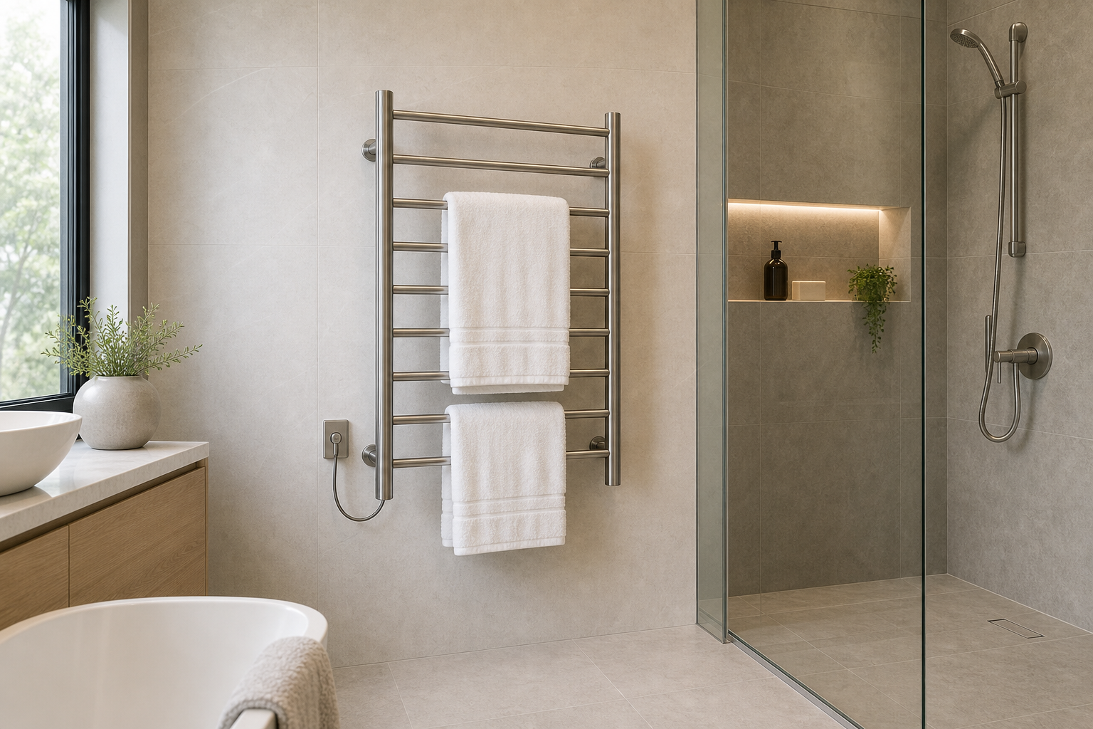 heated towel rack IP rating bathroom placement near a shower