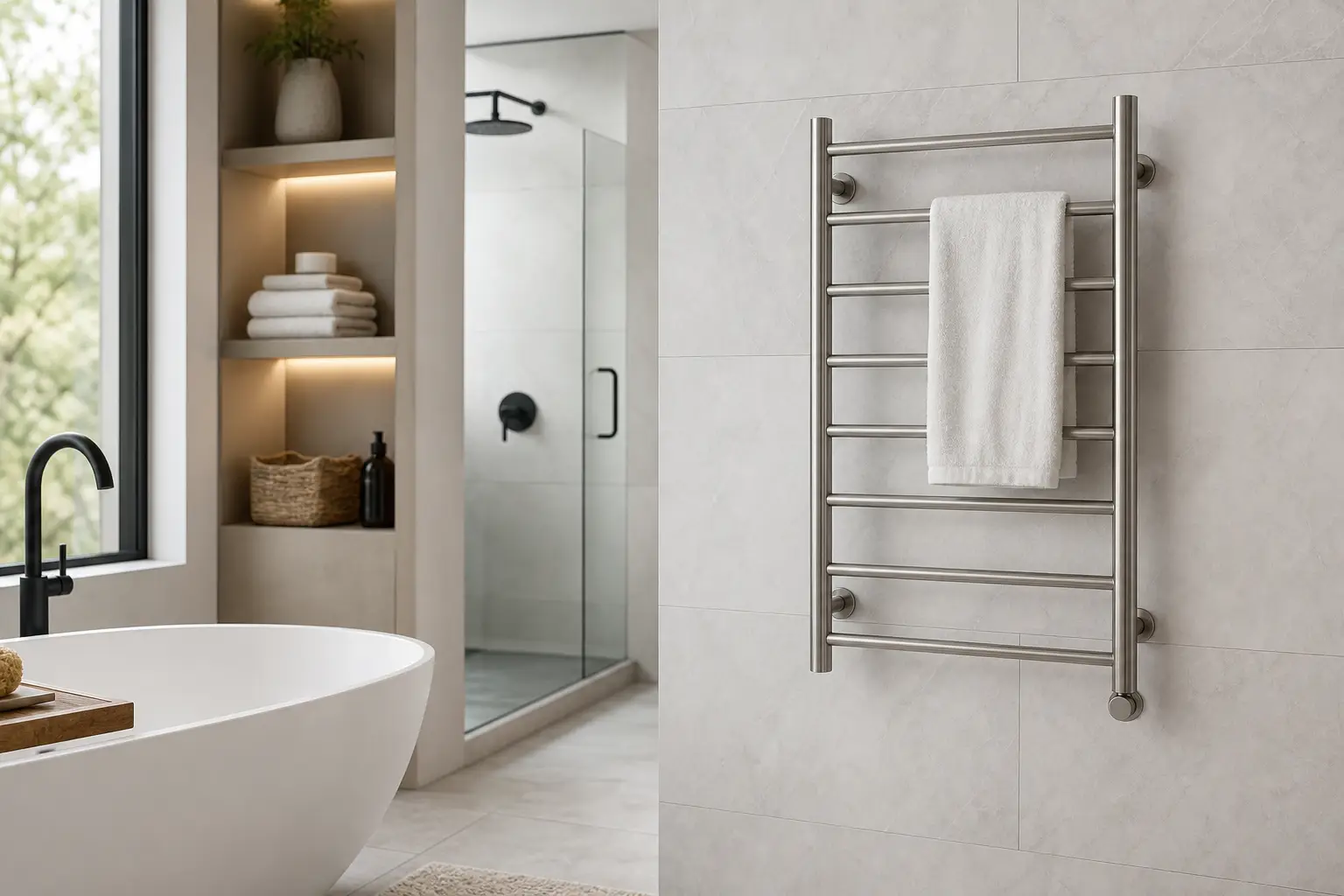 heated towel rack finishes in a modern bathroom