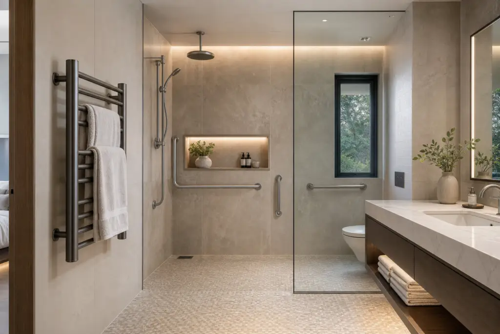 universal design bathroom with accessible heated towel rack placement