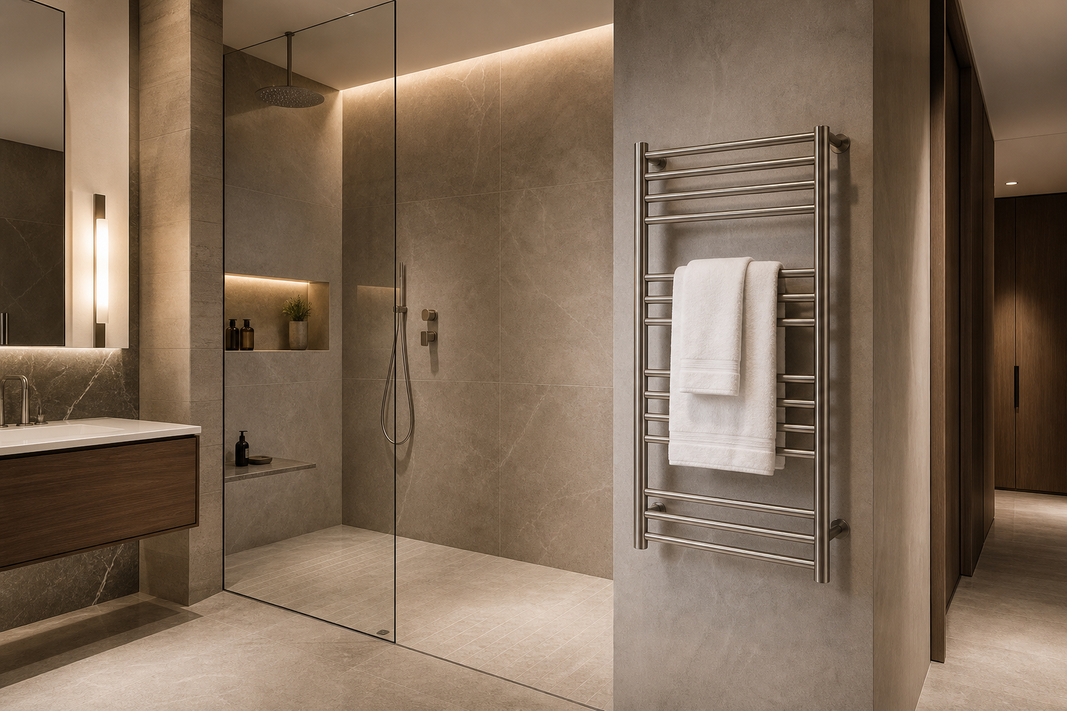 wet room bathroom design with heated towel rack outside the shower spray zone
