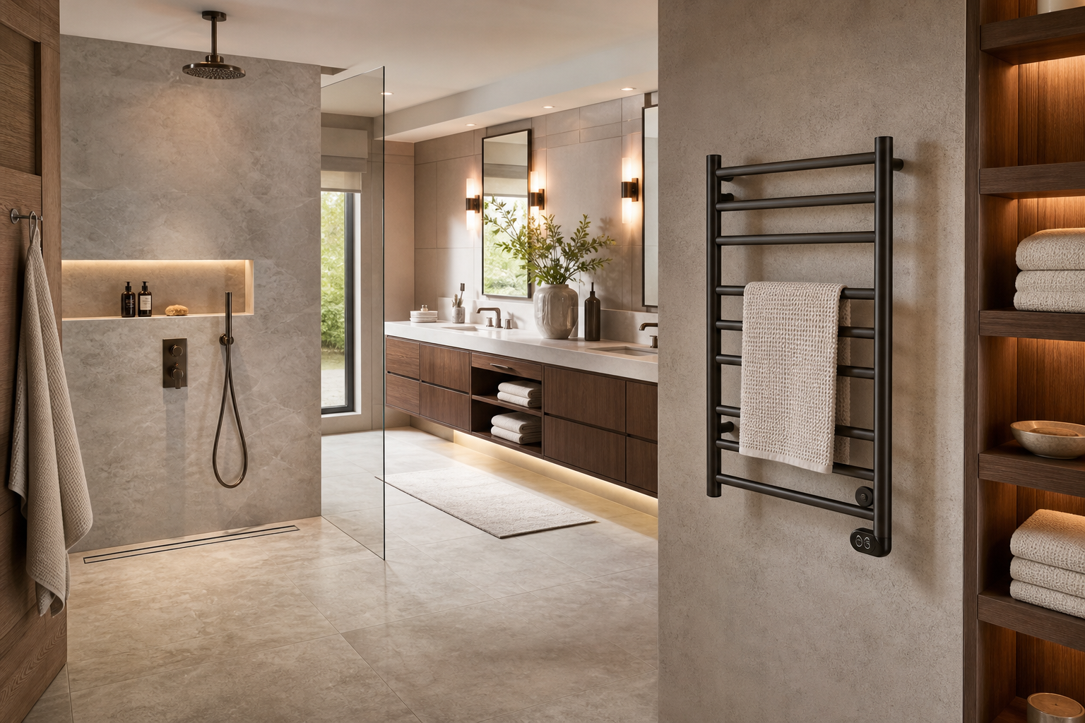 bathroom lighting ideas 2026 with heated towel rack planning
