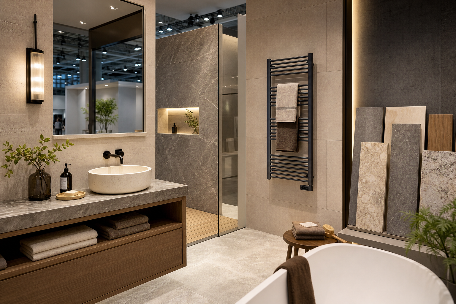 bathroom trade shows 2026 display with heated towel rack and material samples