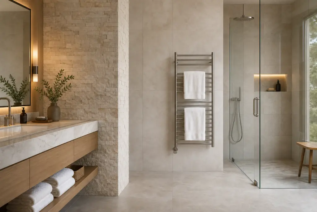 water-efficient bathroom design 2026 with ventilation and heated towel rack planning