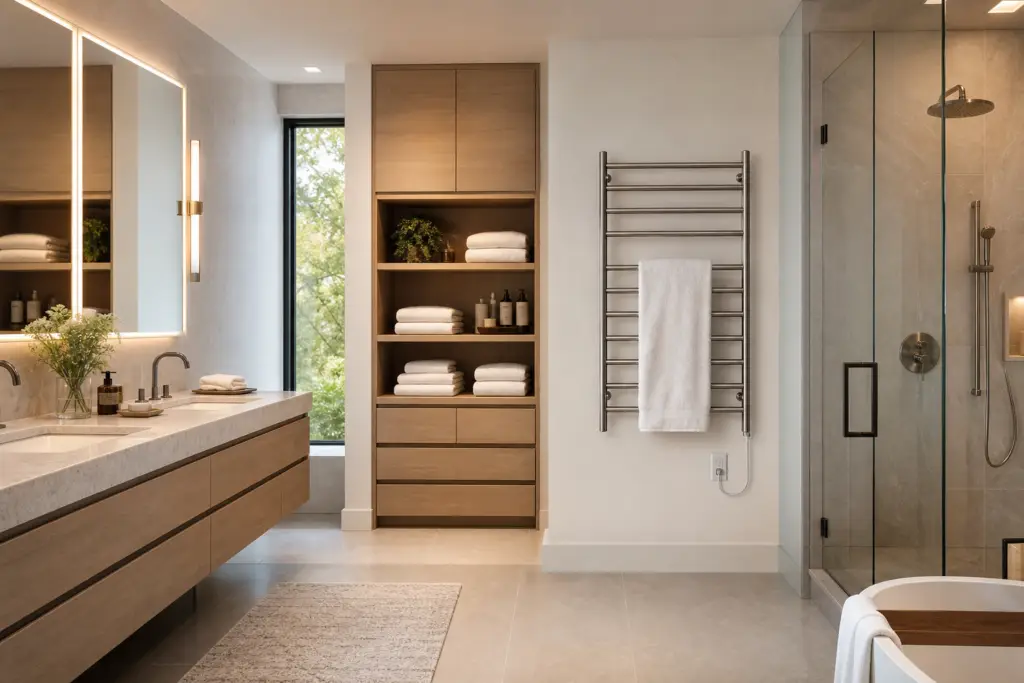 bathroom storage ideas 2026 with vanity shelves and heated towel rack planning
