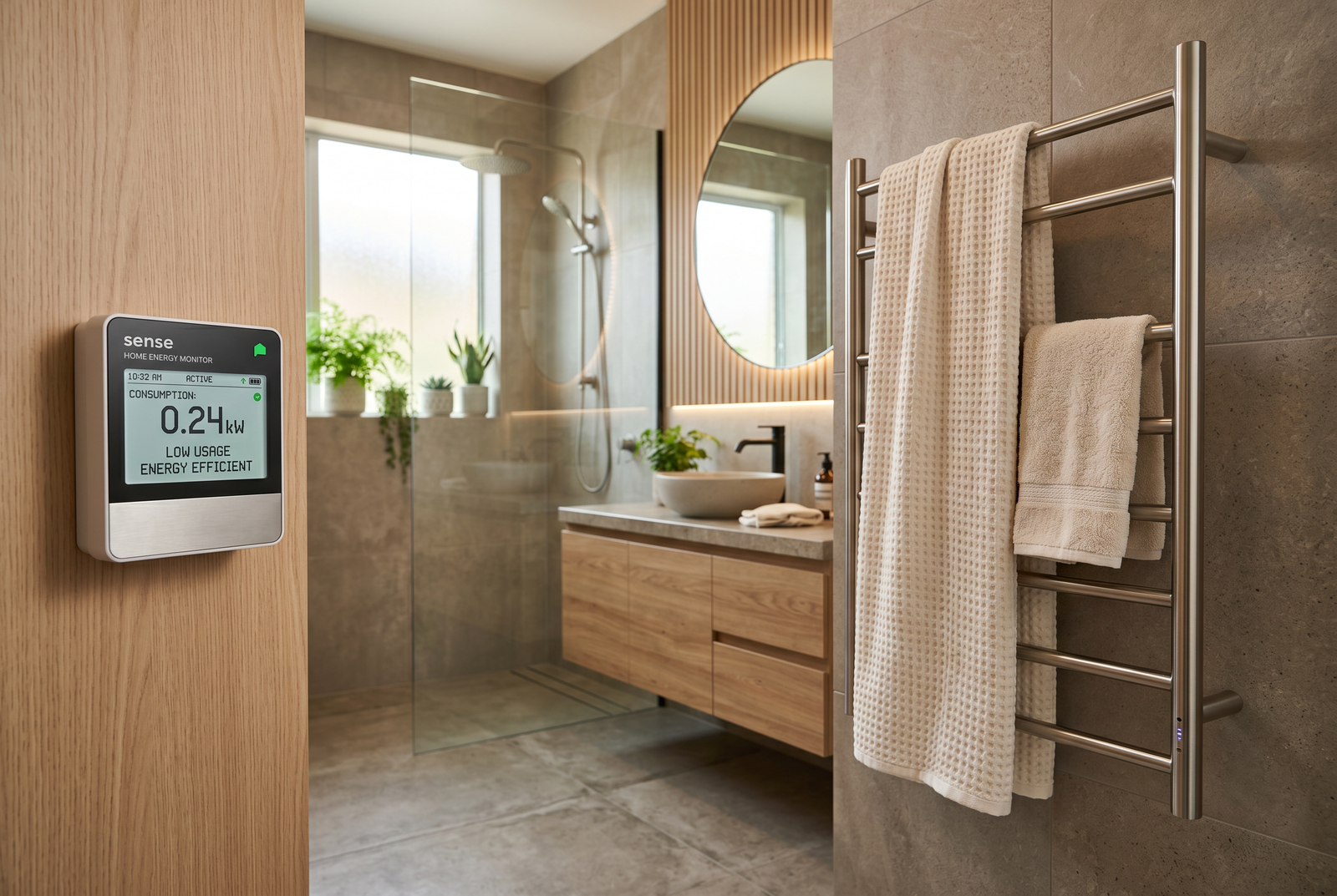 Heated towel rack energy consumption cost analysis - smart electricity meter with stainless steel towel warmer in modern bathroom