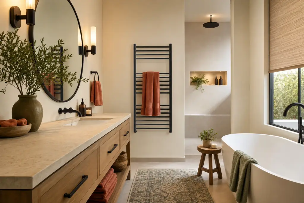 bathroom color trends 2026 with warm neutrals soft green accents and heated towel rack finish planning