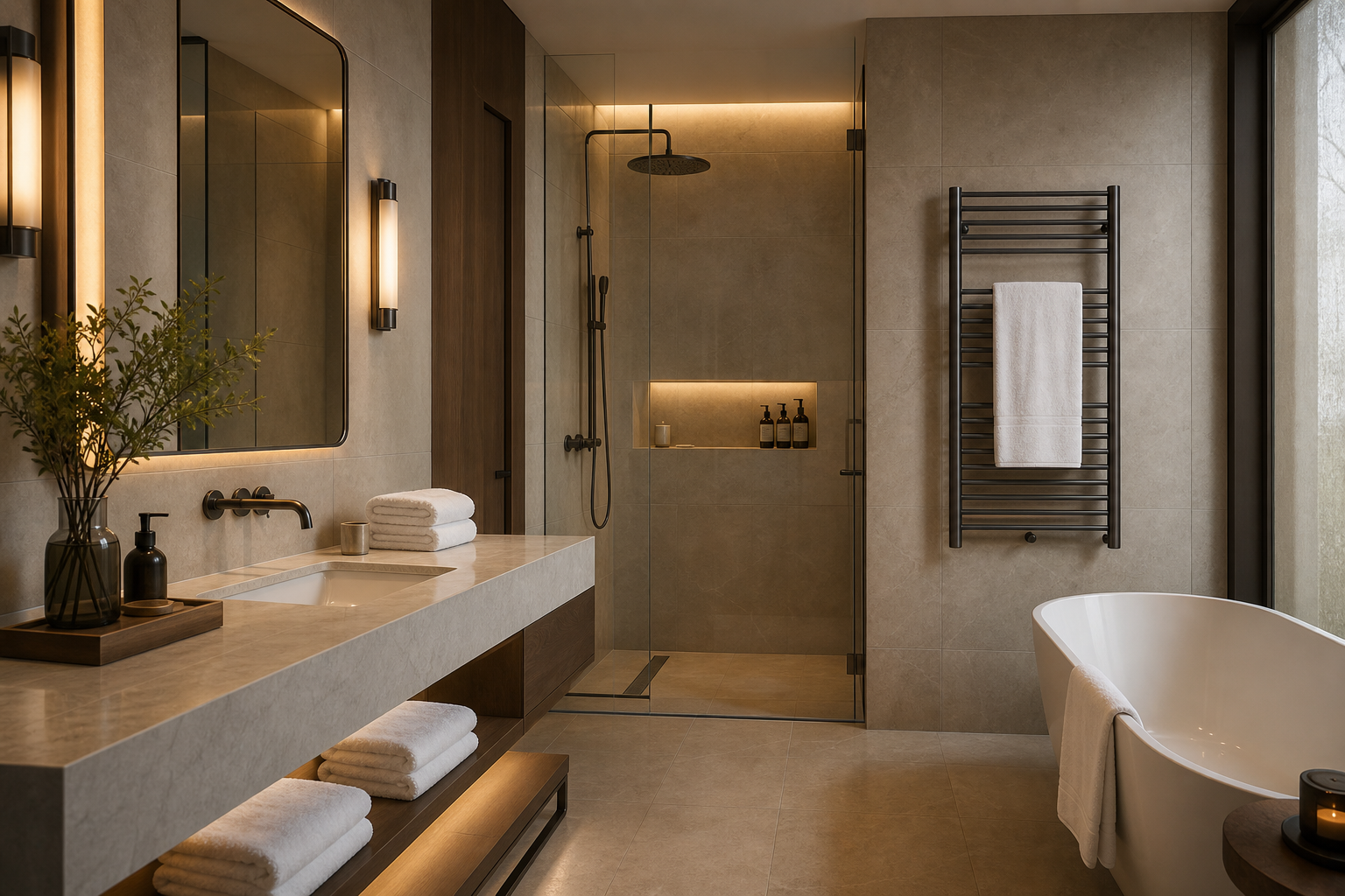 hotel bathroom design trends 2026 with warm lighting and heated towel rack planning