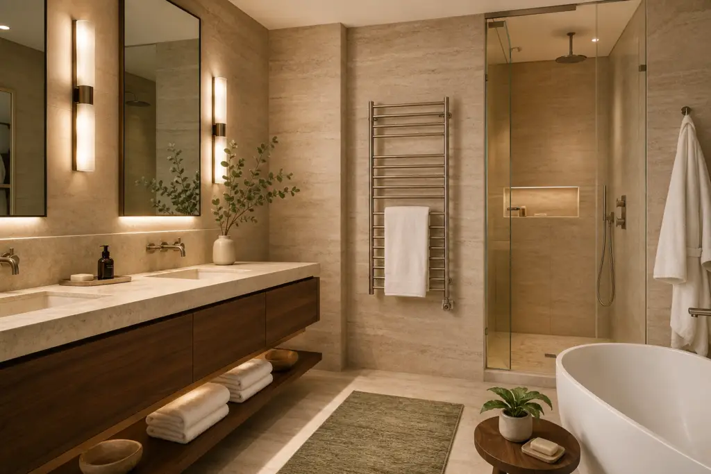 Luxury bathroom design trends 2026 with wall mounted heated towel rack