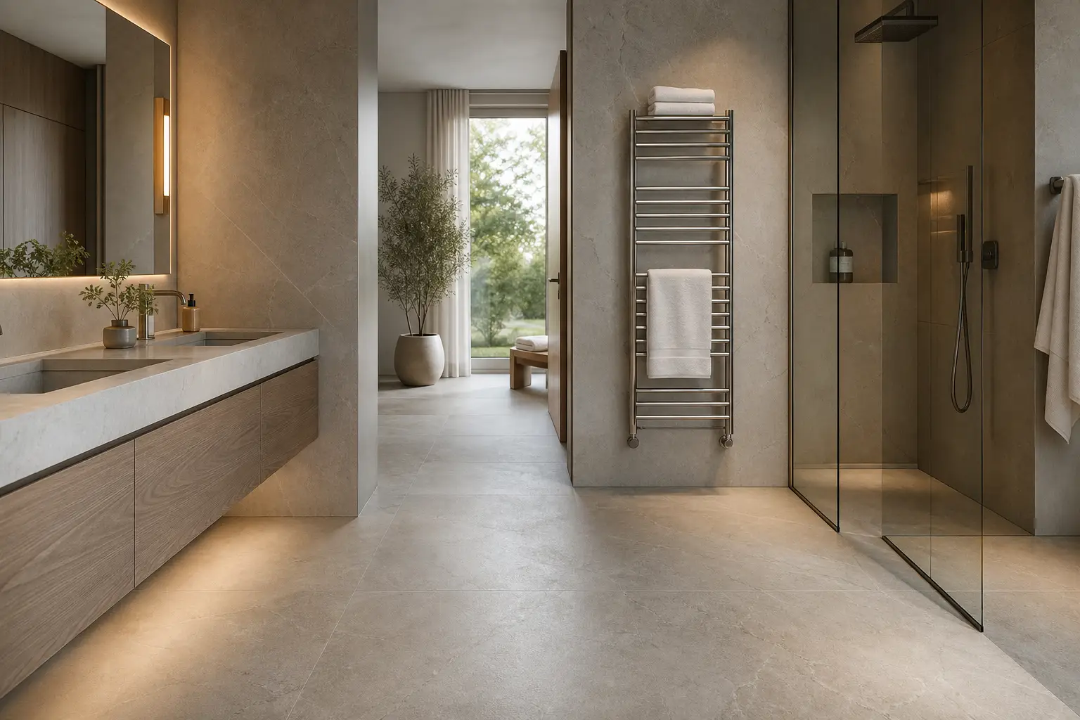 Bathroom flooring trends 2026 with slip resistant tile and heated towel rack