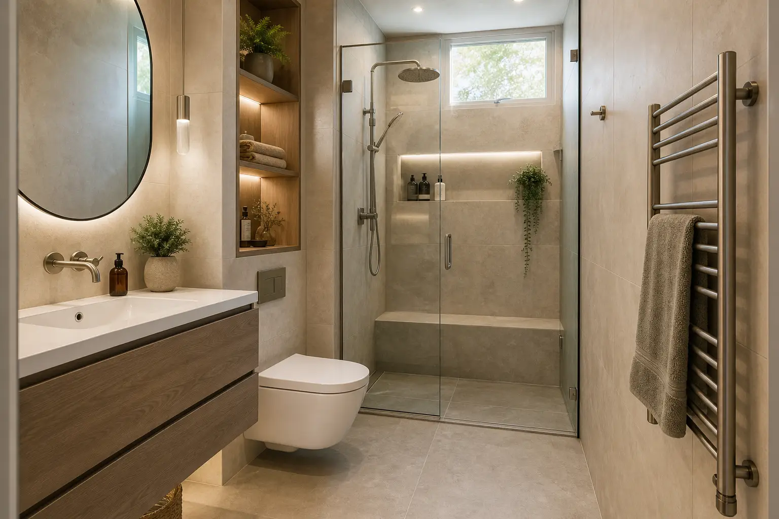 Small bathroom design trends 2026 with storage and heated towel rack