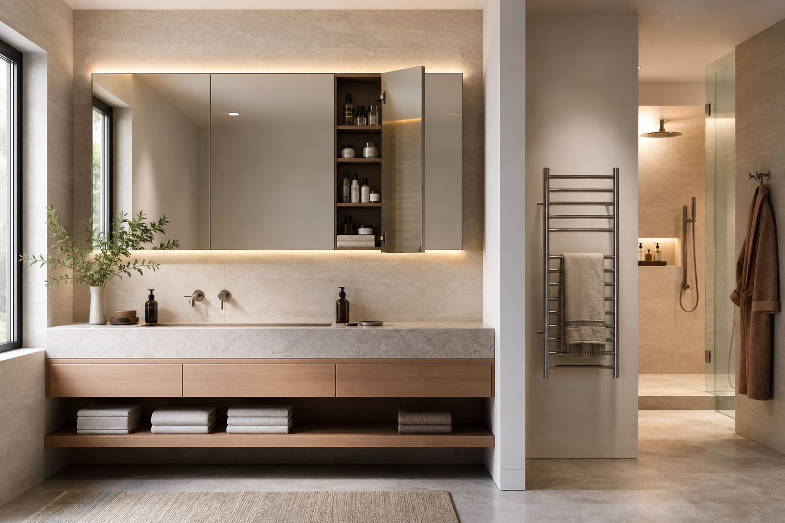 Bathroom mirror trends 2026 with integrated lighting and heated towel rack