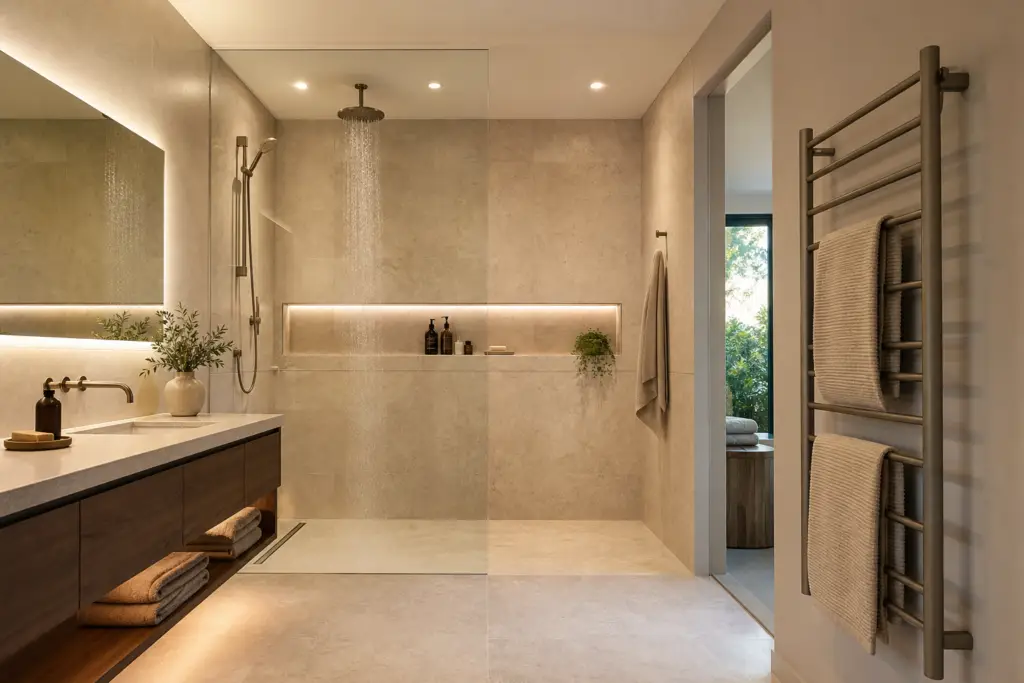 Shower design trends 2026 with wet zone and heated towel rack