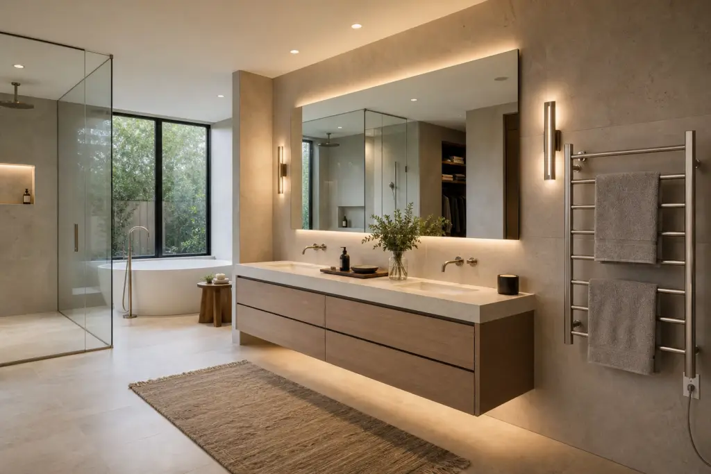 Bathroom vanity trends 2026 with mirror lighting and heated towel rack planning