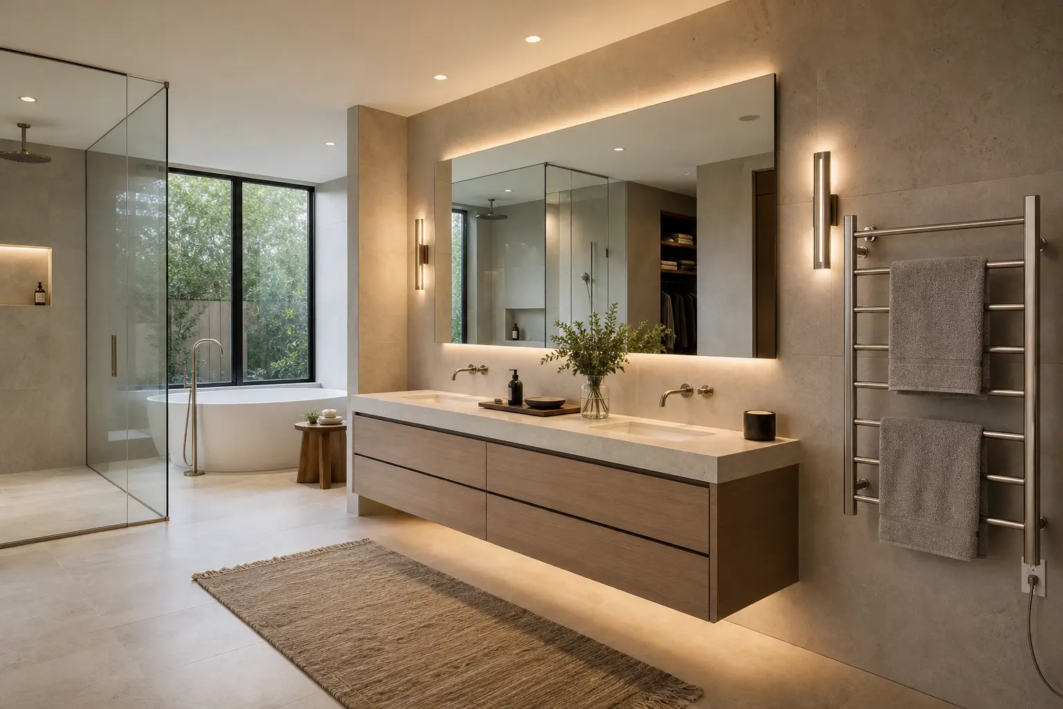 Bathroom vanity trends 2026 with mirror lighting and heated towel rack planning