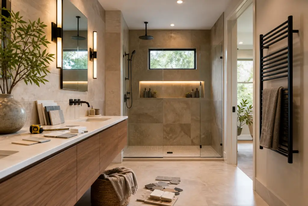 Bathroom remodel cost 2026 planning with materials and heated towel rack
