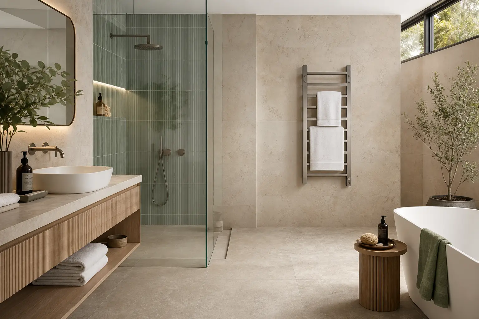 bathroom tile trends 2026 with a wall mounted heated towel rack