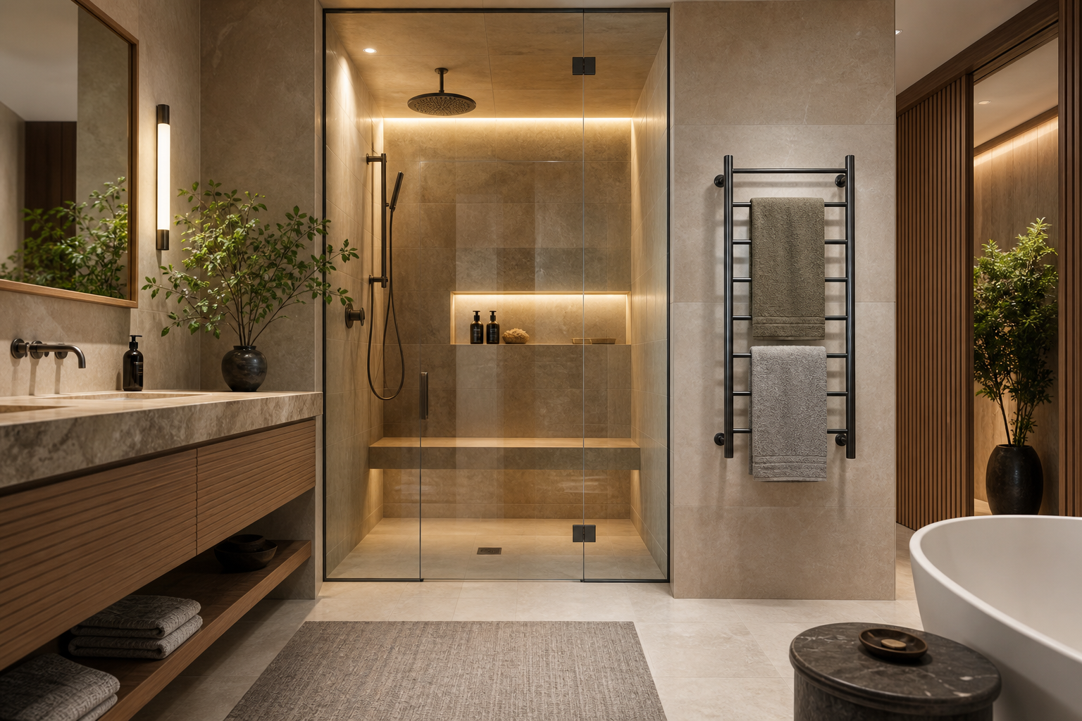 bathroom wellness trends 2026 with steam shower lighting and heated towel rack