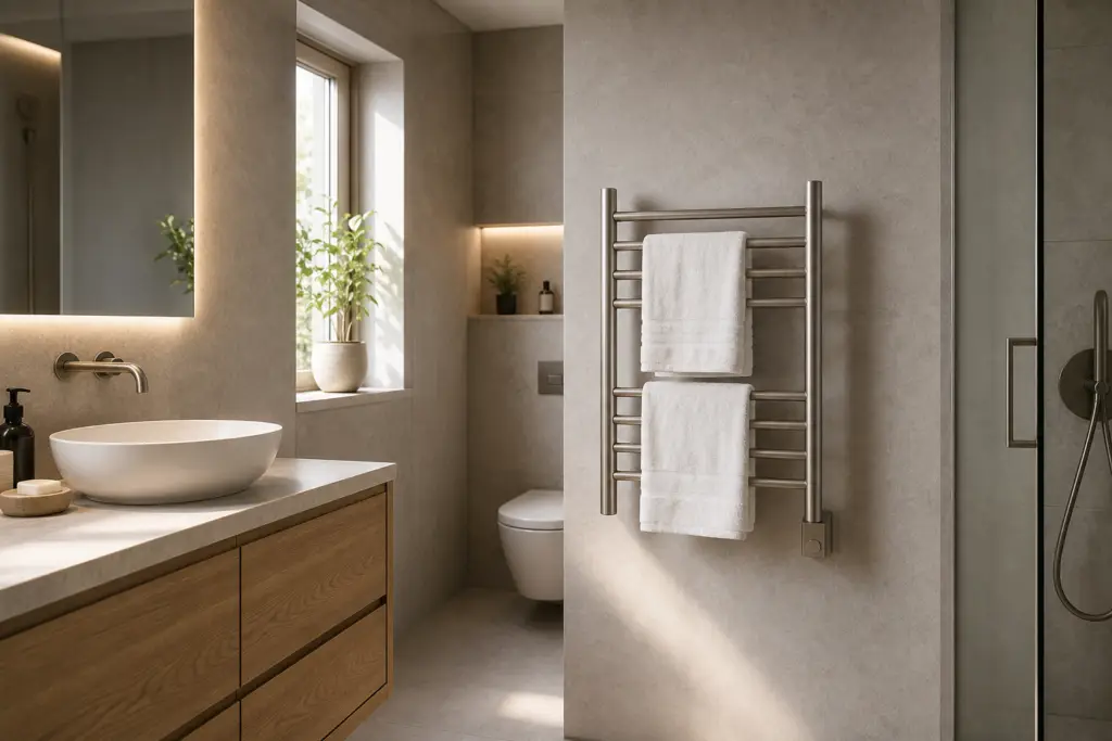 heated towel racks for apartments in a compact modern bathroom