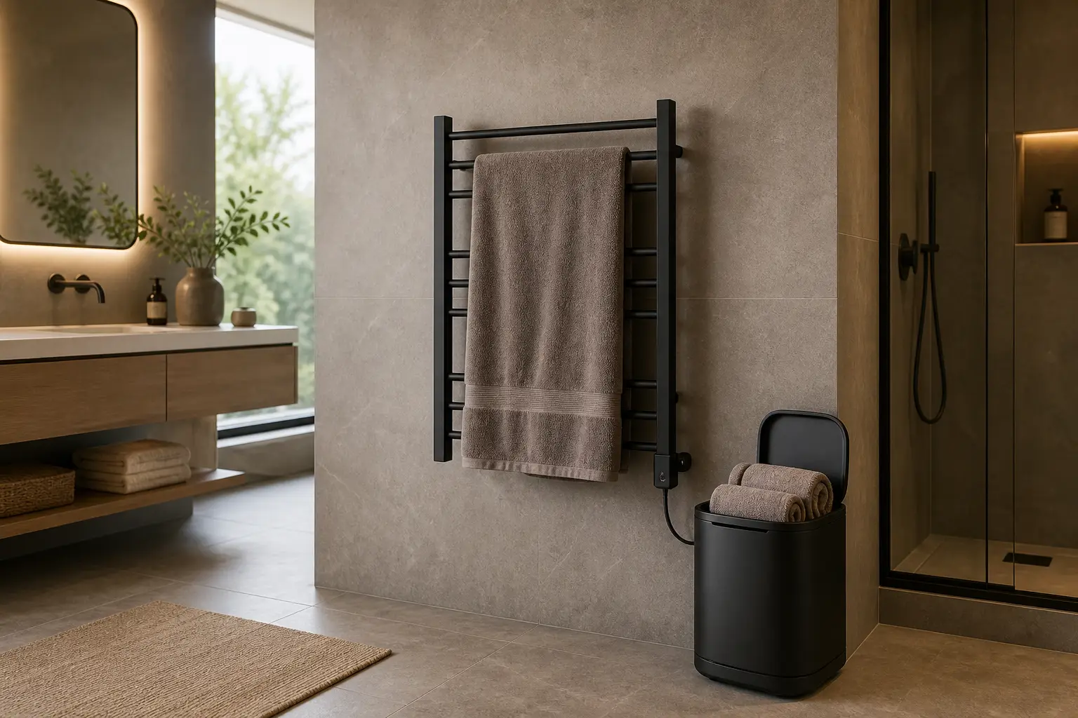 heated towel rack and towel warmer in a modern bathroom showing drying and heating uses