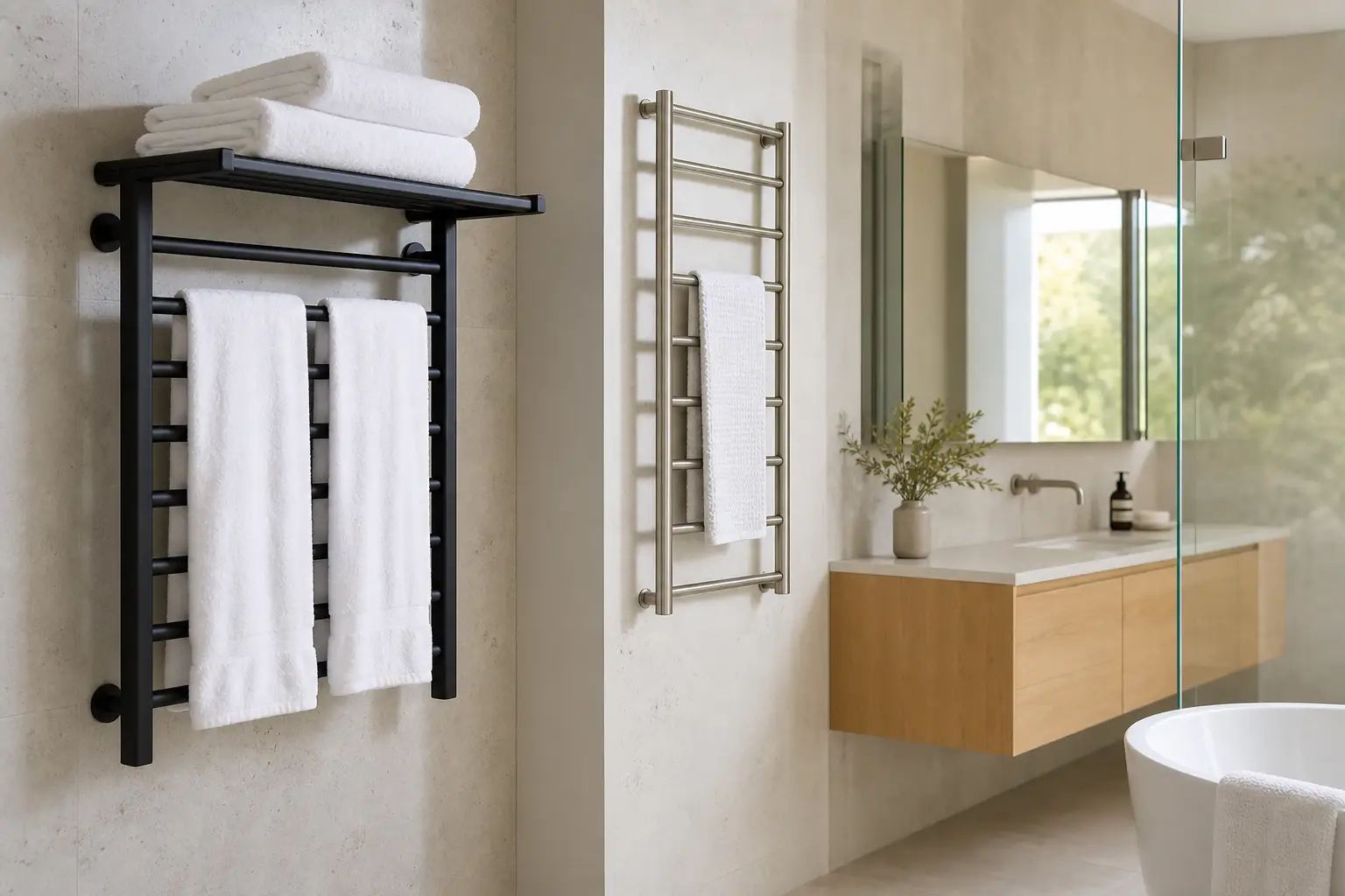 Heated towel rack with shelf versus standard wall mounted rack in a modern bathroom