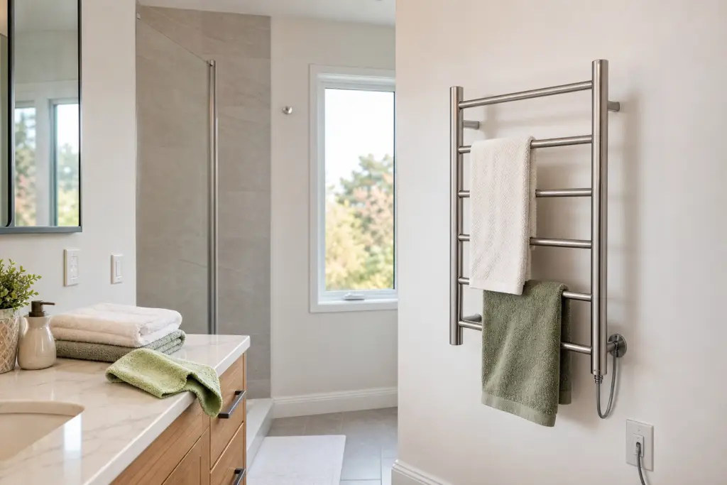 generic electric heated towel rack in a clean residential bathroom maintenance scene