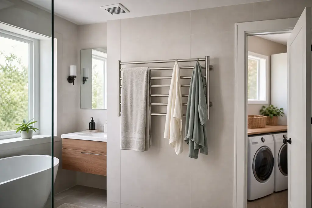 generic heated towel rack holding a towel and lightweight garments in a ventilated residential bathroom