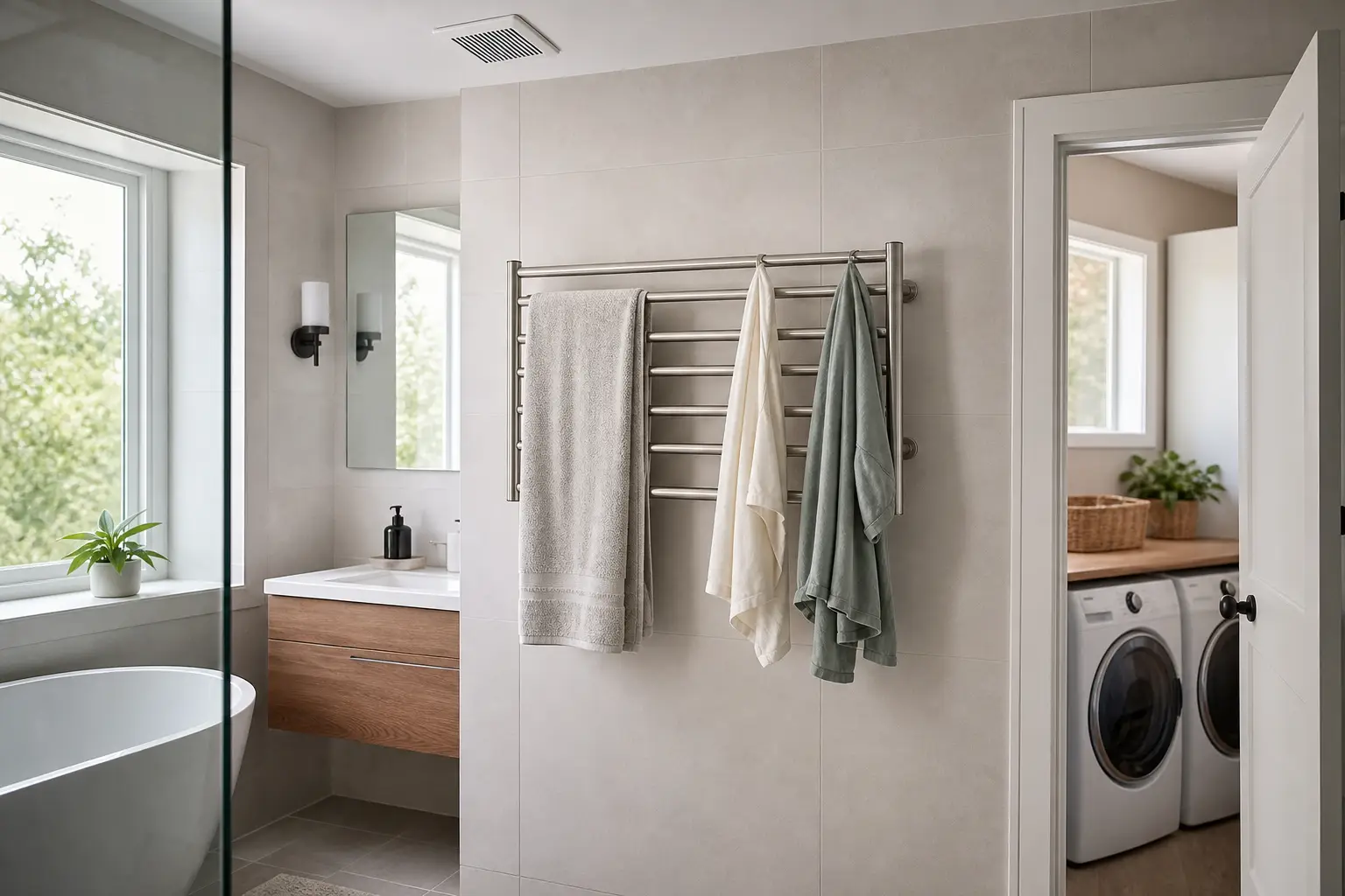 generic heated towel rack holding a towel and lightweight garments in a ventilated residential bathroom