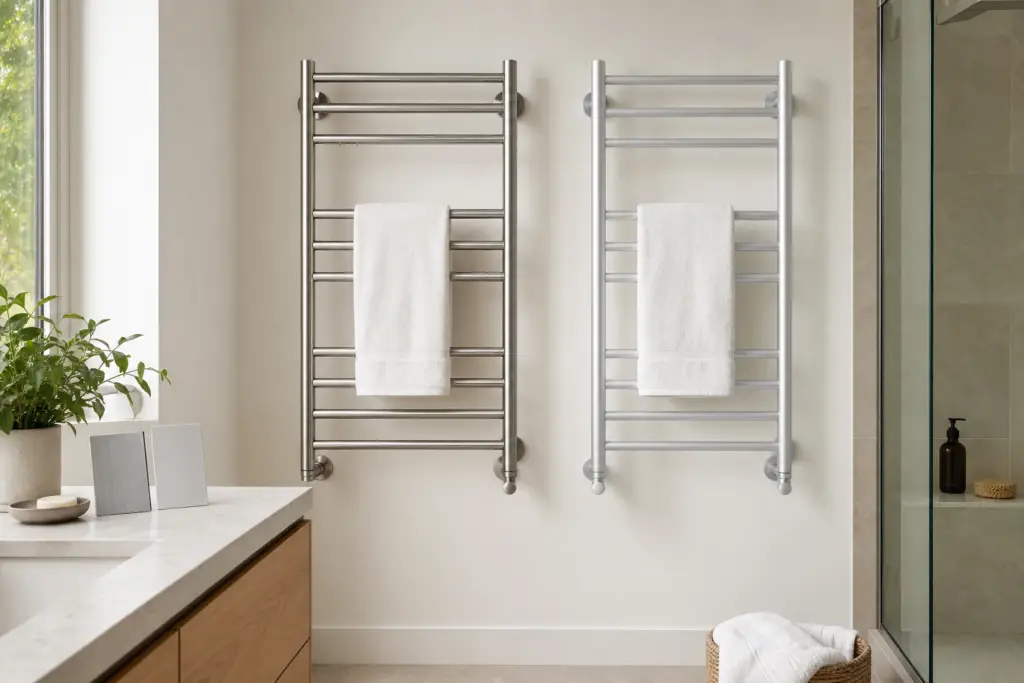 Generic stainless steel and aluminum heated towel racks in a bright modern bathroom