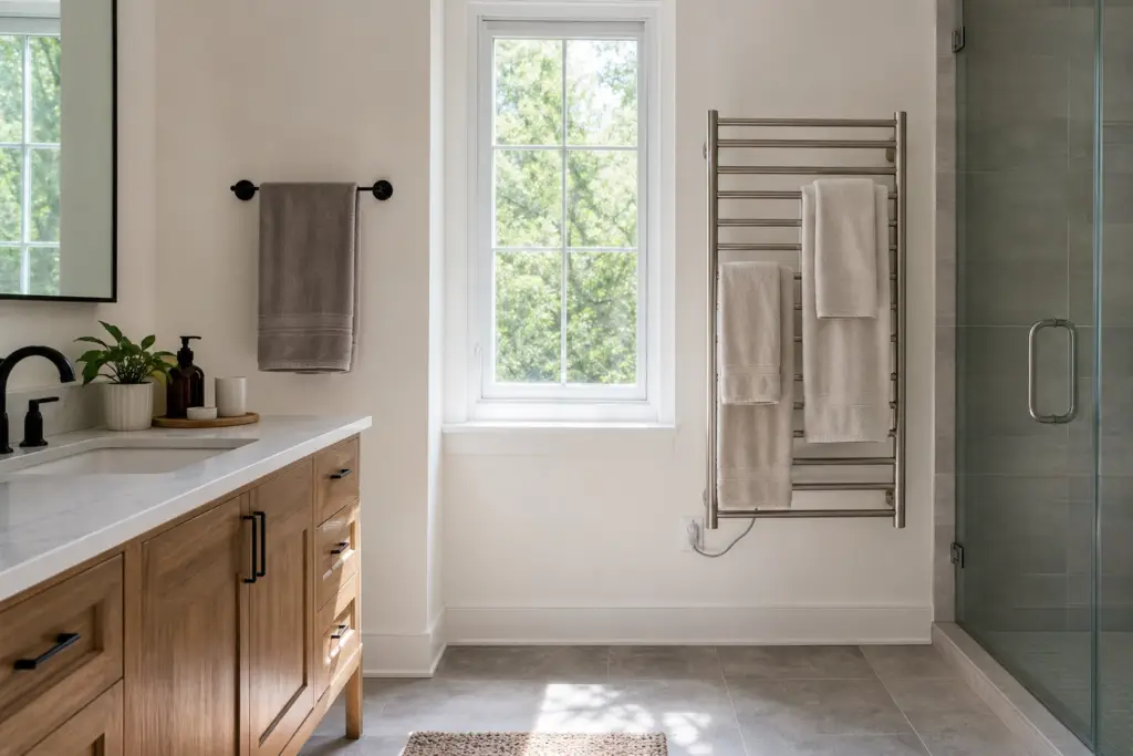 generic bathroom comparing a towel bar with an open heated towel rack