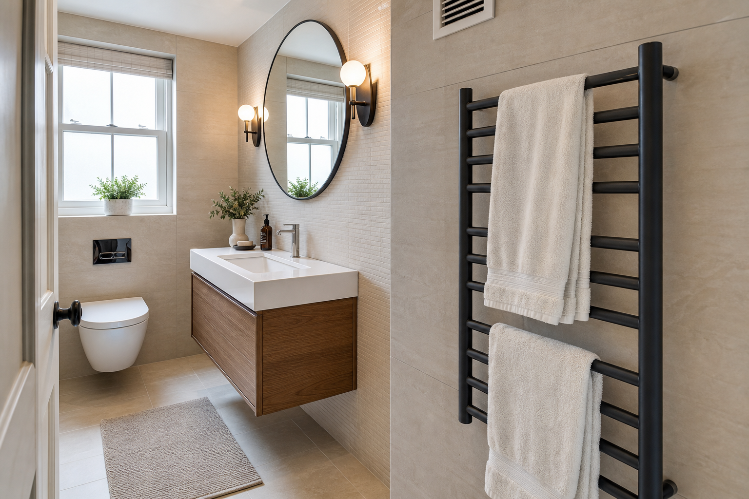 guest bathroom with a generic wall-mounted heated towel rack and towels hanging open