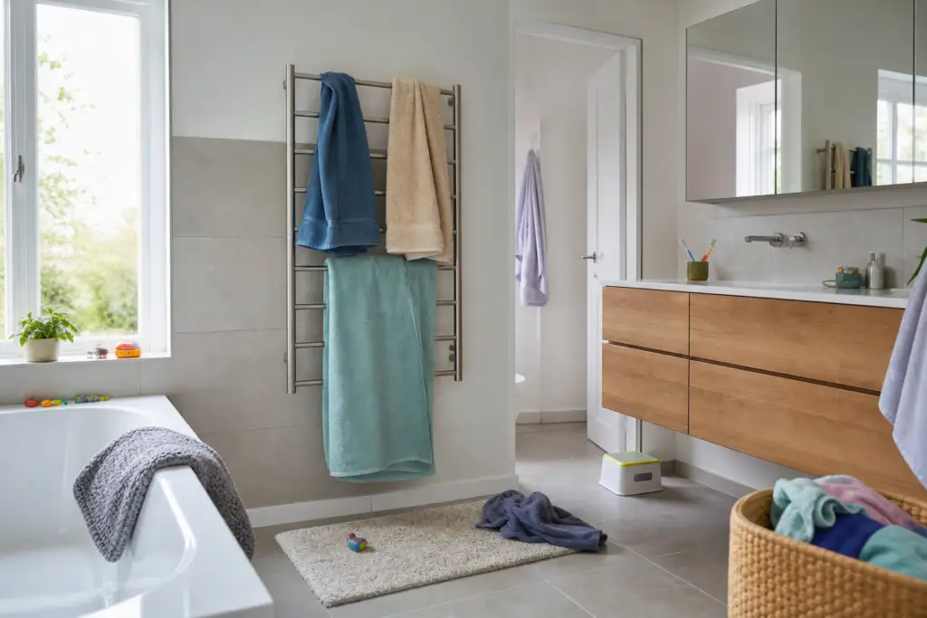 generic family bathroom with several towels hanging open on a wall-mounted heated towel rack