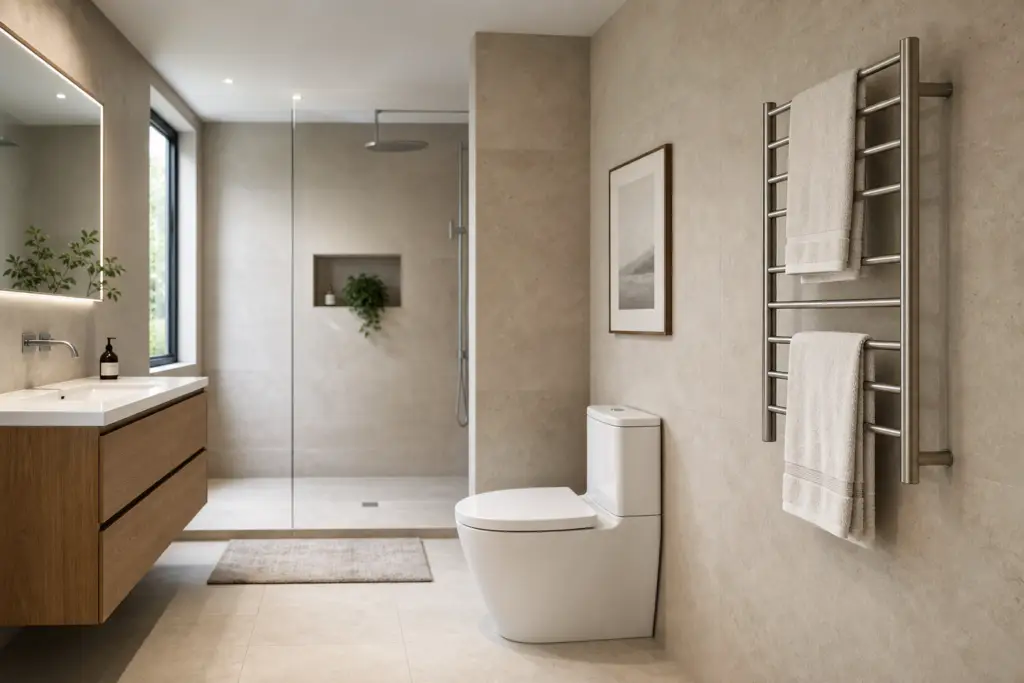 generic modern bathroom with a wall-mounted heated towel rack beside a toilet and towels hanging open