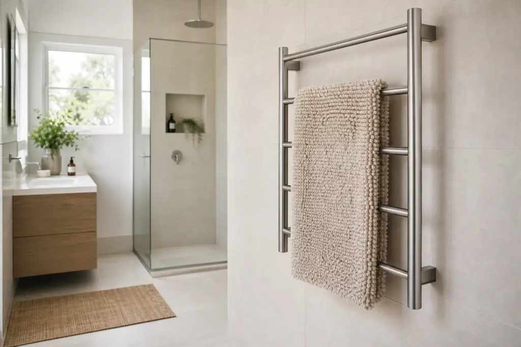 generic bathroom with a thick bath mat hanging loosely on an unbranded heated towel rack