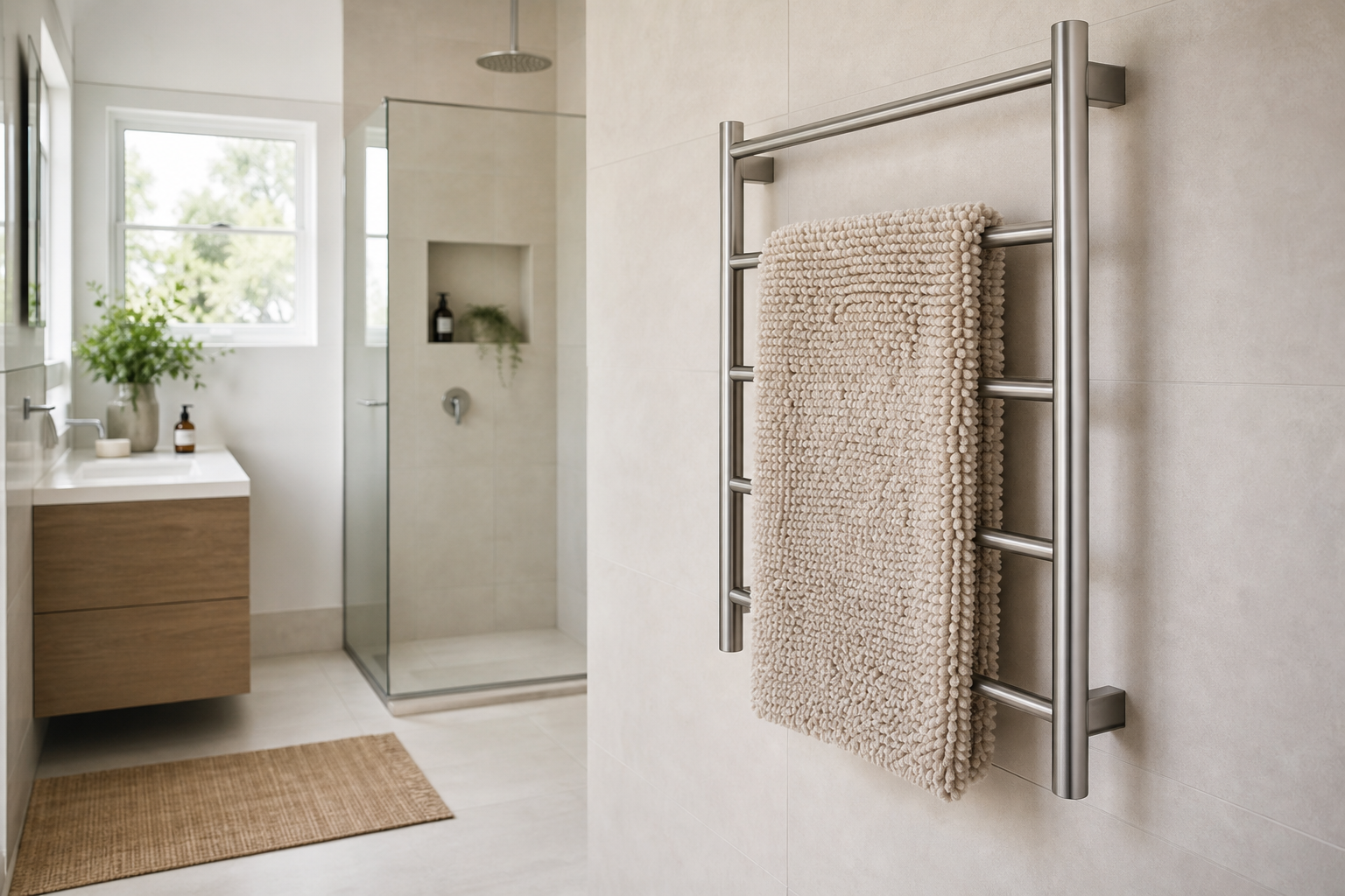 generic bathroom with a thick bath mat hanging loosely on an unbranded heated towel rack