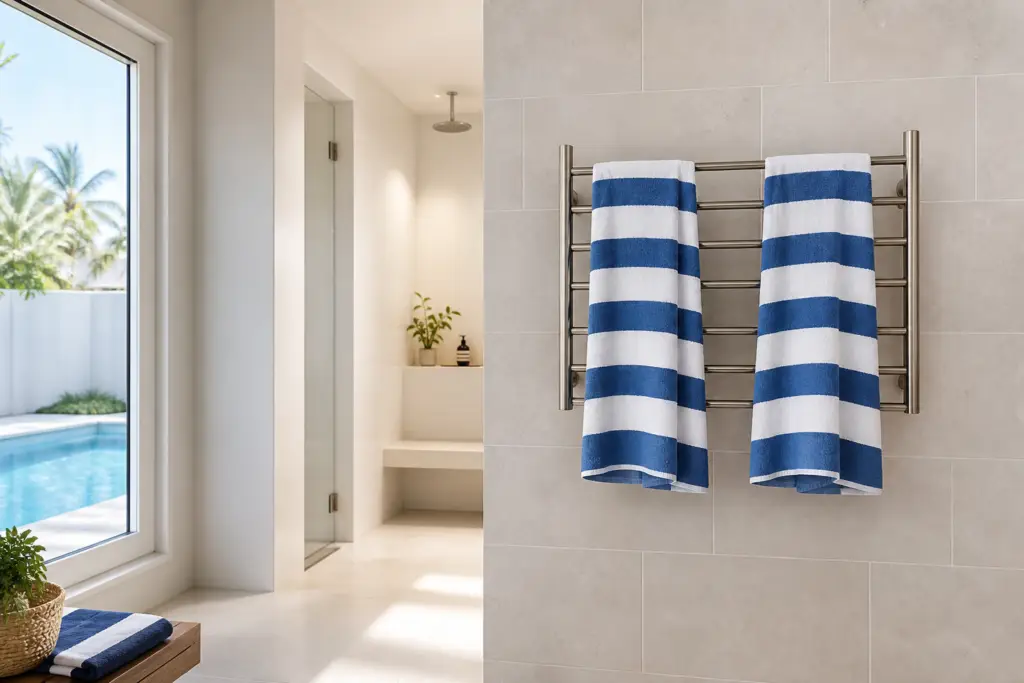 generic residential pool bathroom with two pool towels hanging open on an unbranded heated towel rack