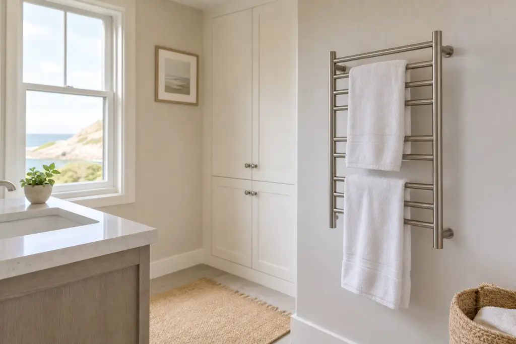 generic bright vacation-home bathroom with white towels hanging open on an unbranded heated towel rack