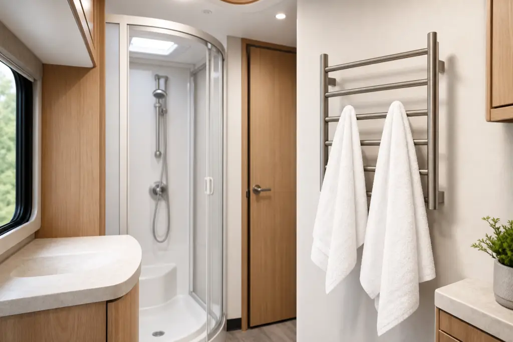generic compact RV bathroom with white towels hanging separately on an unbranded heated towel rack