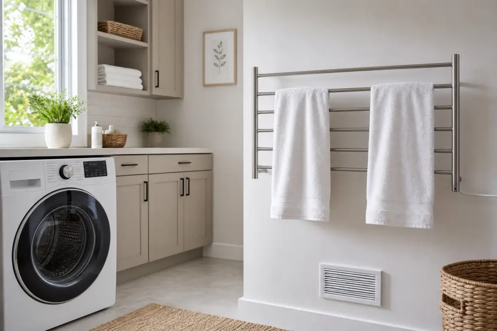 generic bright laundry room with two white towels hanging separately on an unbranded heated towel rack