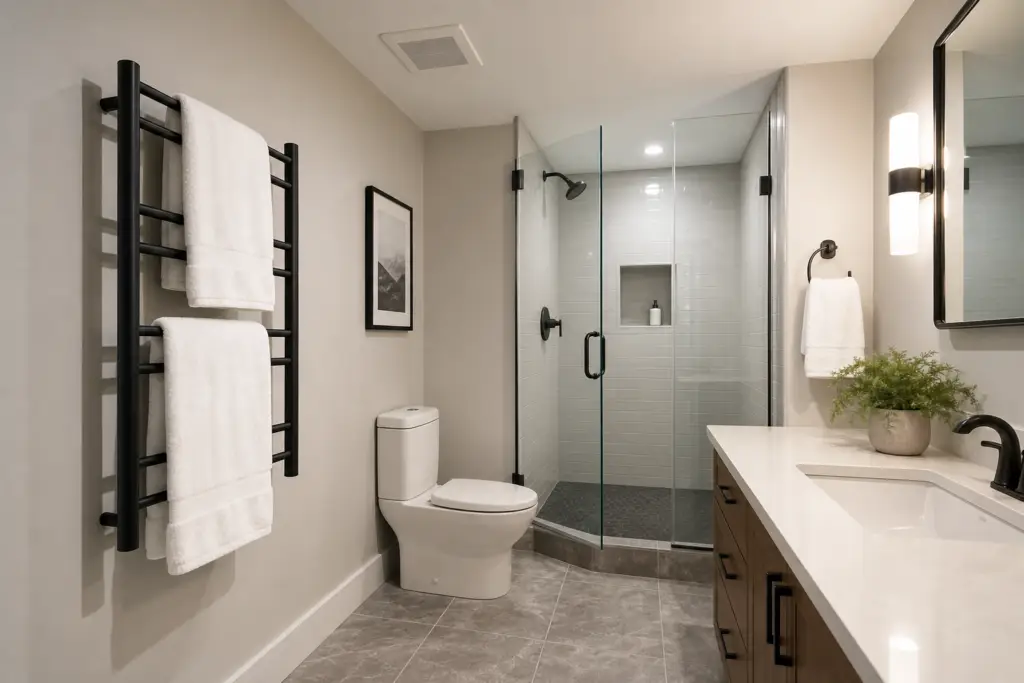 Generic finished basement bathroom with towels on an open heated towel rack