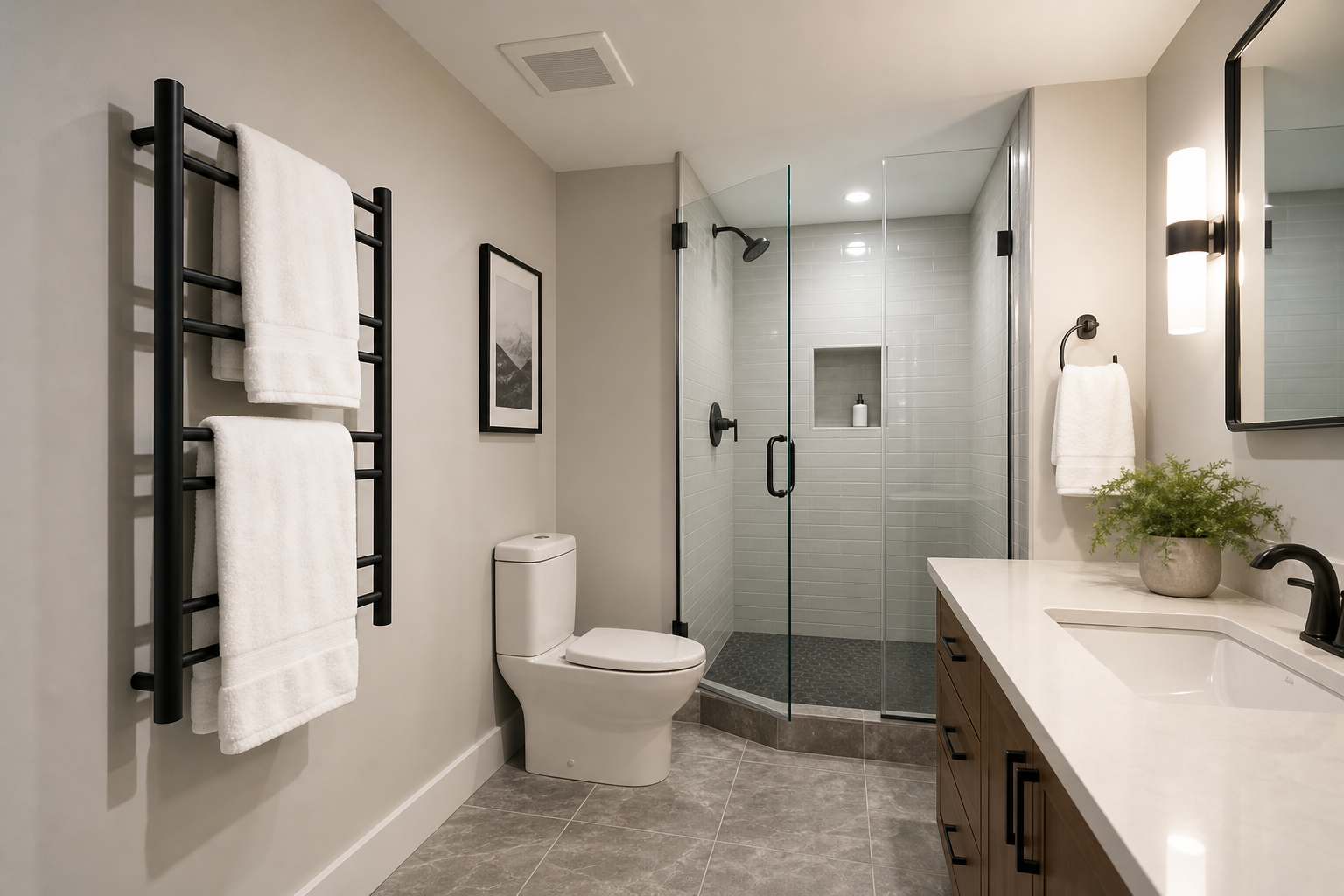 Generic finished basement bathroom with towels on an open heated towel rack