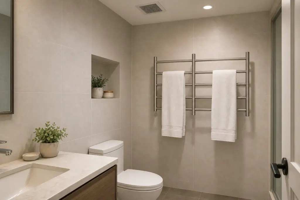 Generic windowless bathroom with two towels spaced on an open heated towel rack
