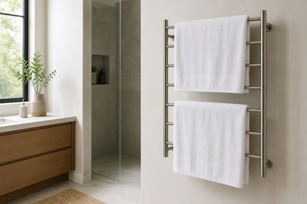 Two towels spread apart on a generic heated towel rack in a bright bathroom