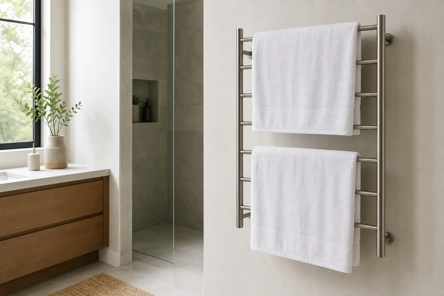 Two towels spread apart on a generic heated towel rack in a bright bathroom