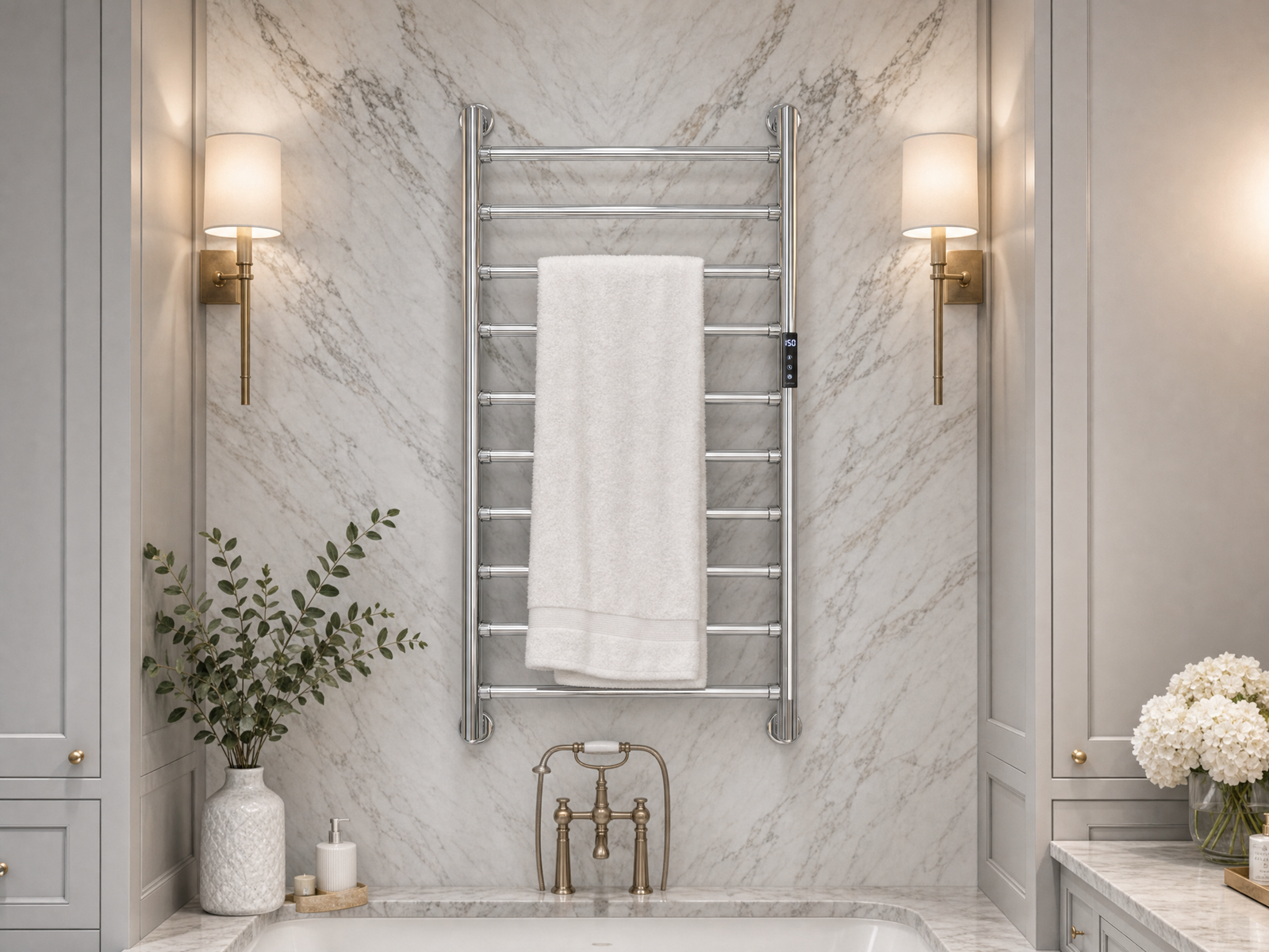 Hotel bathroom with a premium heated towel rack