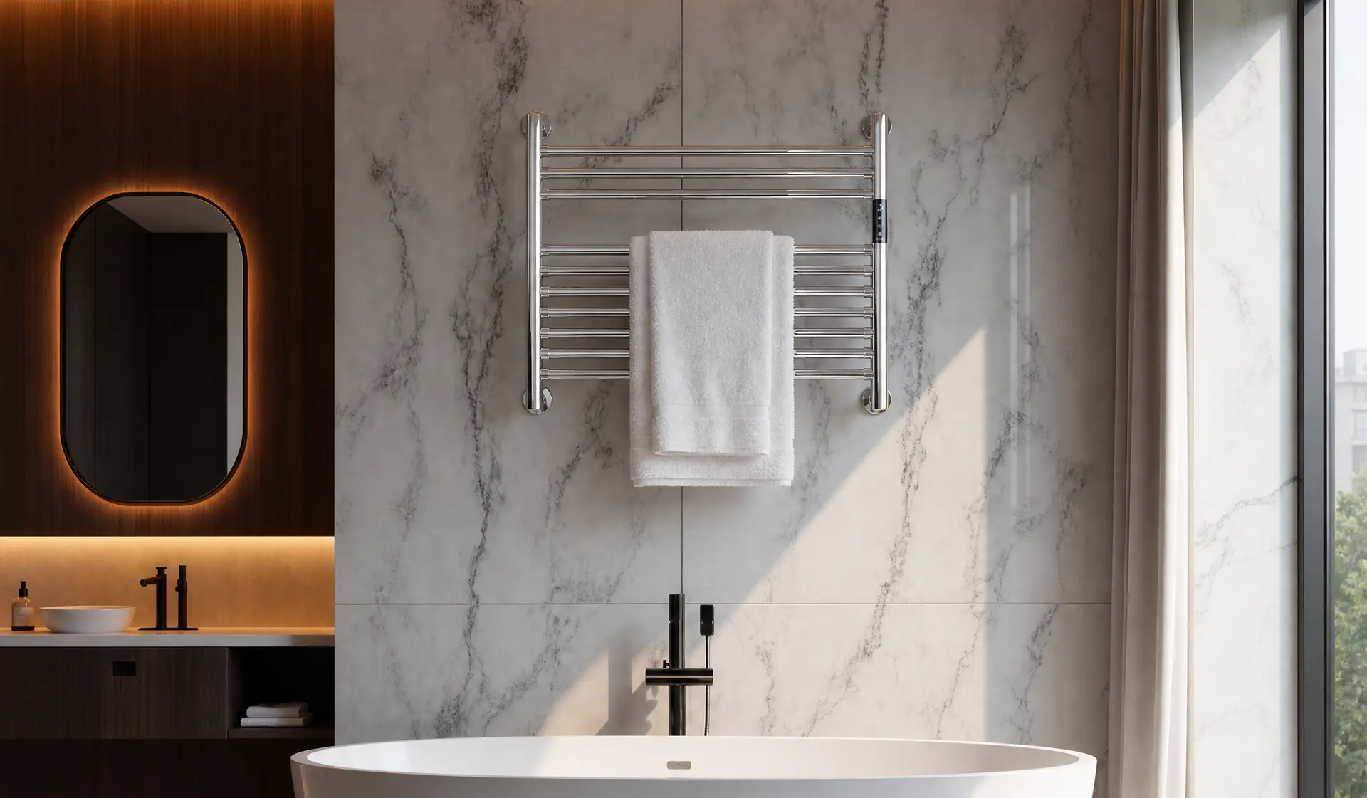 Calithrex heated towel rack in a family bathroom
