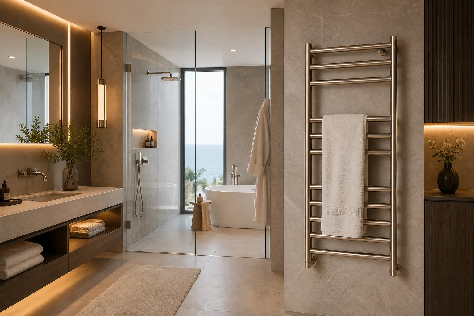 luxury heated towel rack in a premium hotel bathroom with polished metal finish