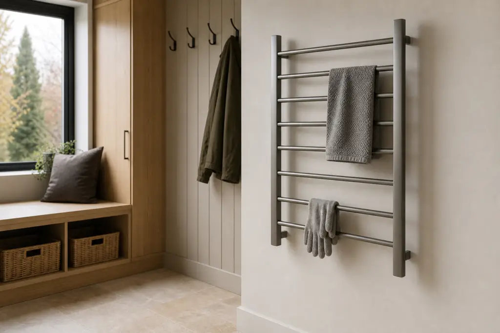 Generic wall-mounted heated towel rack holding a small towel and gloves in a modern mudroom