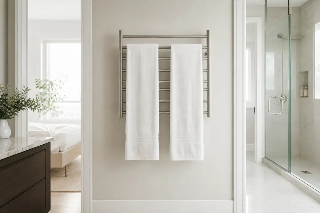 Generic shared bathroom with two open towels on an unbranded wall-mounted heated towel rack